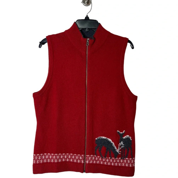 Woolrich Red Lambs Wool Sweater Vest Animal Deer Graphic Sz M Women’s Full Zip - Picture 1 of 6